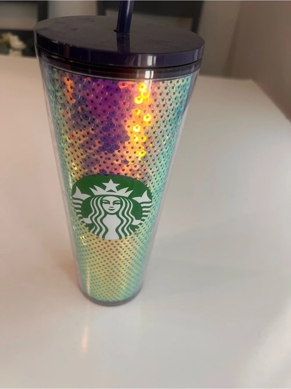 Starbucks Rainbow Sequin Tumbler with Green Logo and Black Lid